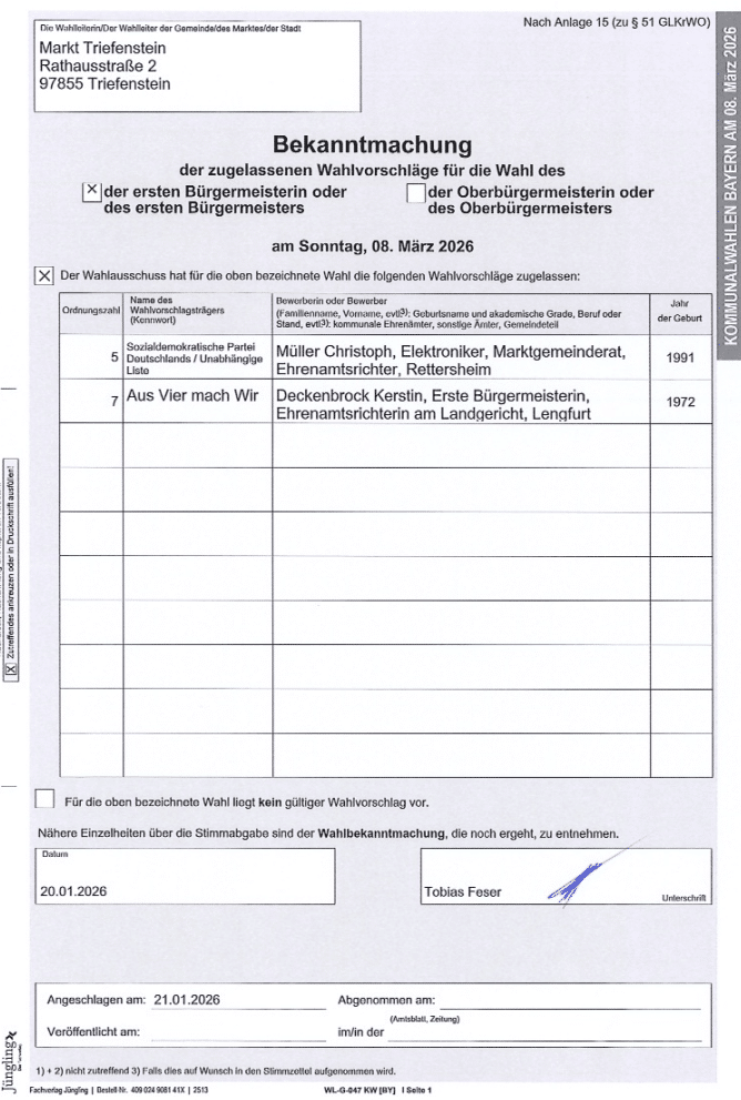 Bekanntmachung zugelassene Wahlvorschläöge BGM