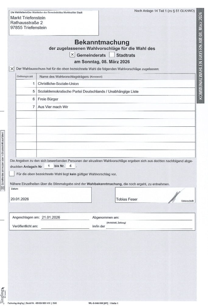 Bekanntmachung zugelassene Wahlvorschläöge GR